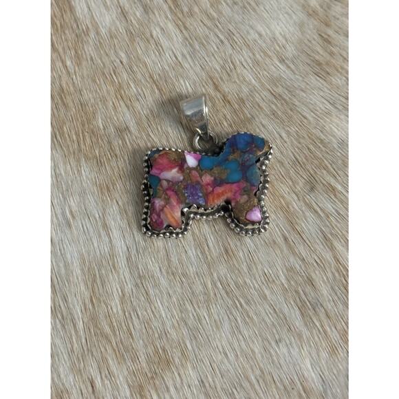 Native American SW Sterling Silver Pink Dahlia Turquoise Cow Bull Steer Pendant - Picture 2 of 8